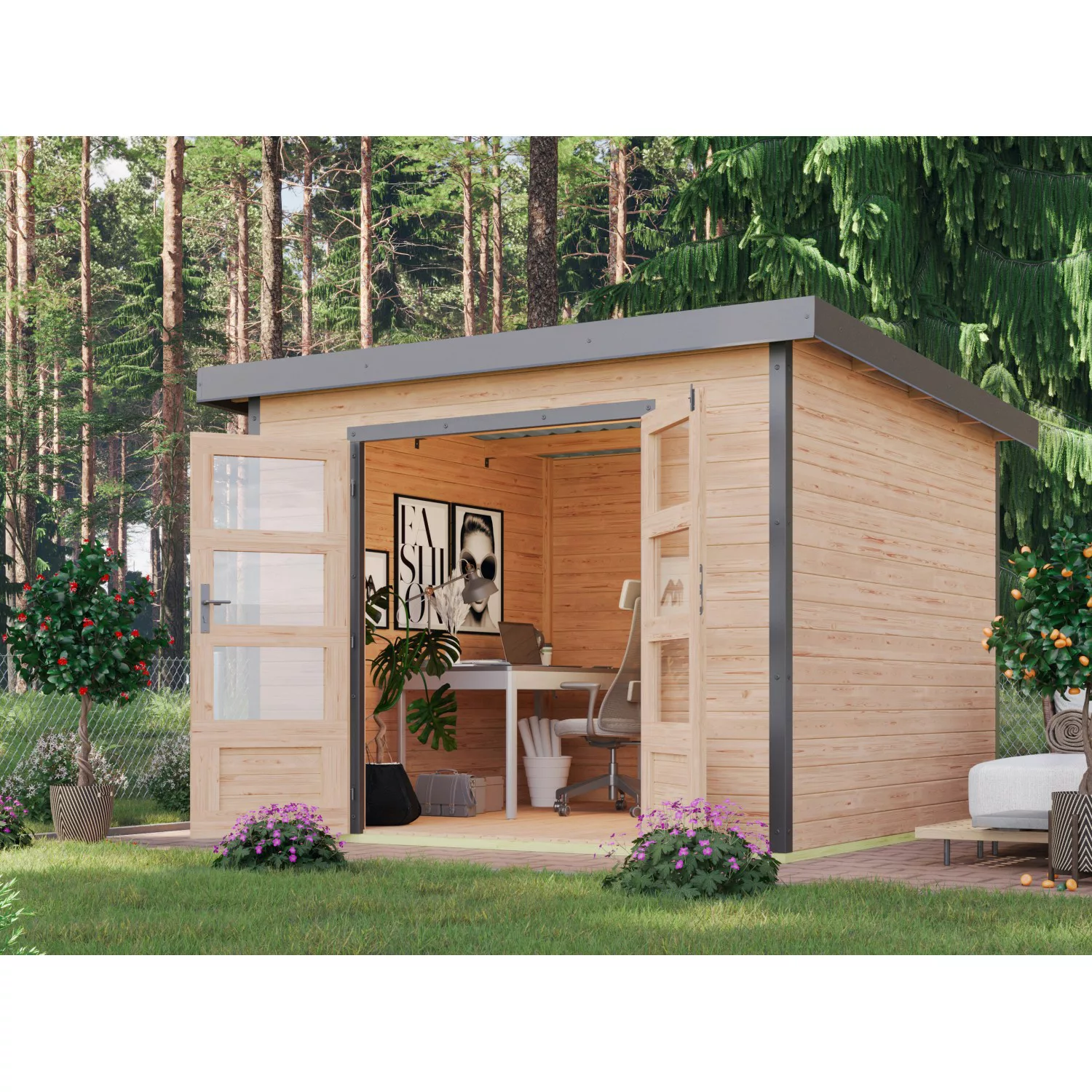 Karibu Gartenhaus Domingo A Naturbelassen-Staubgrau 7 m² günstig online kaufen