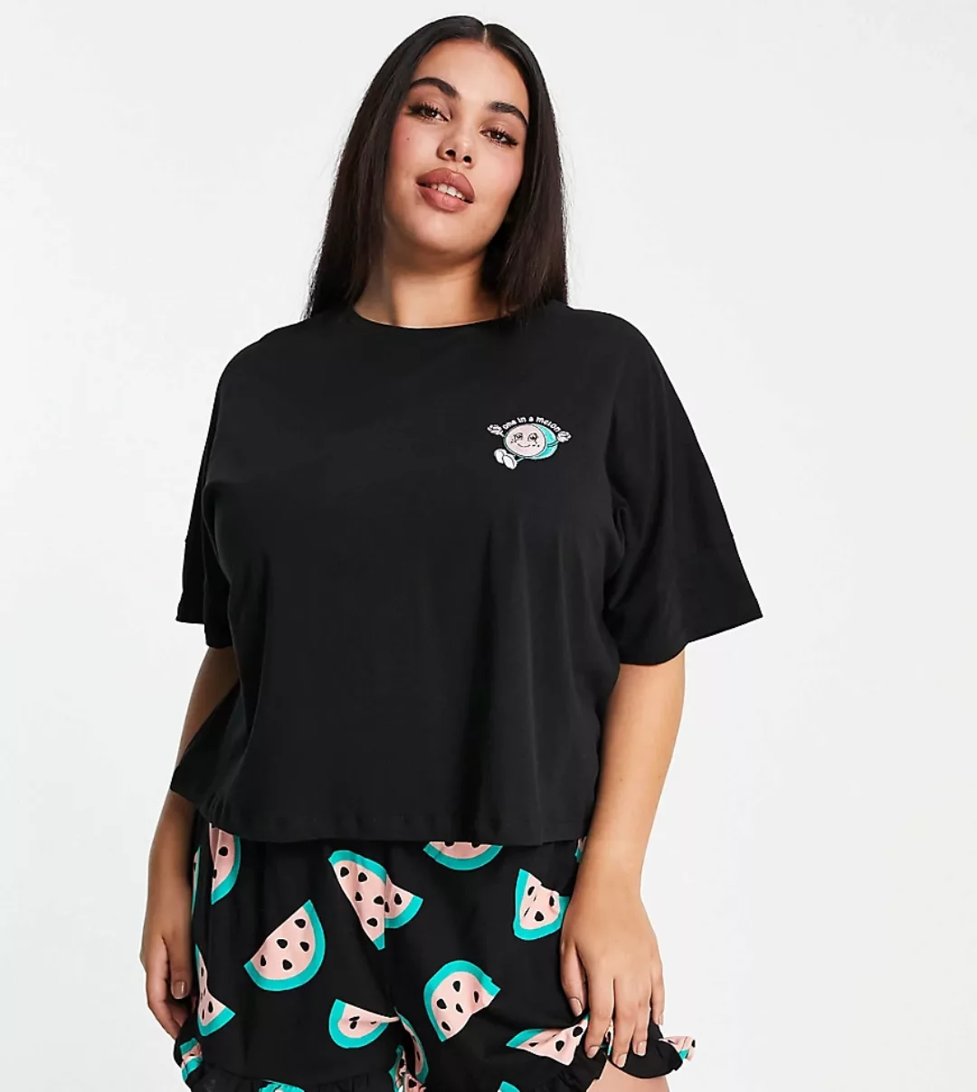 ASOS DESIGN Curve – Pyjama aus T-Shirt und Shorts in Schwarz mit Wassermelo günstig online kaufen