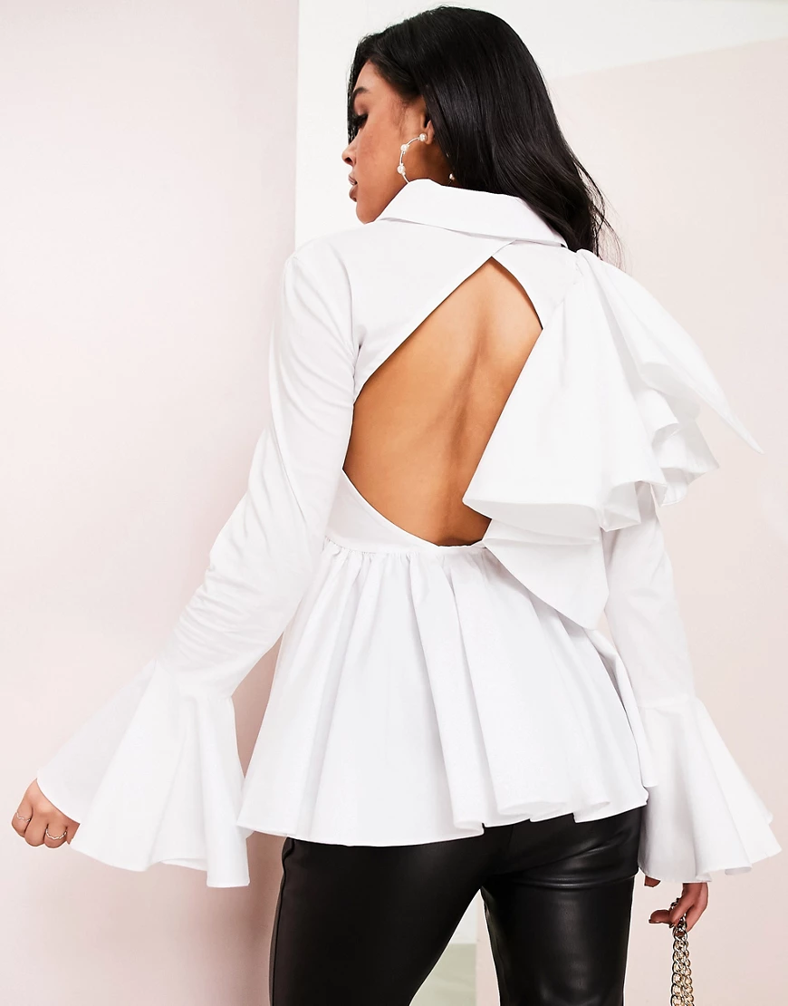 ASOS LUXE – Popeline-Hemd in Weiß mit Rüschen und Knopfleiste günstig online kaufen