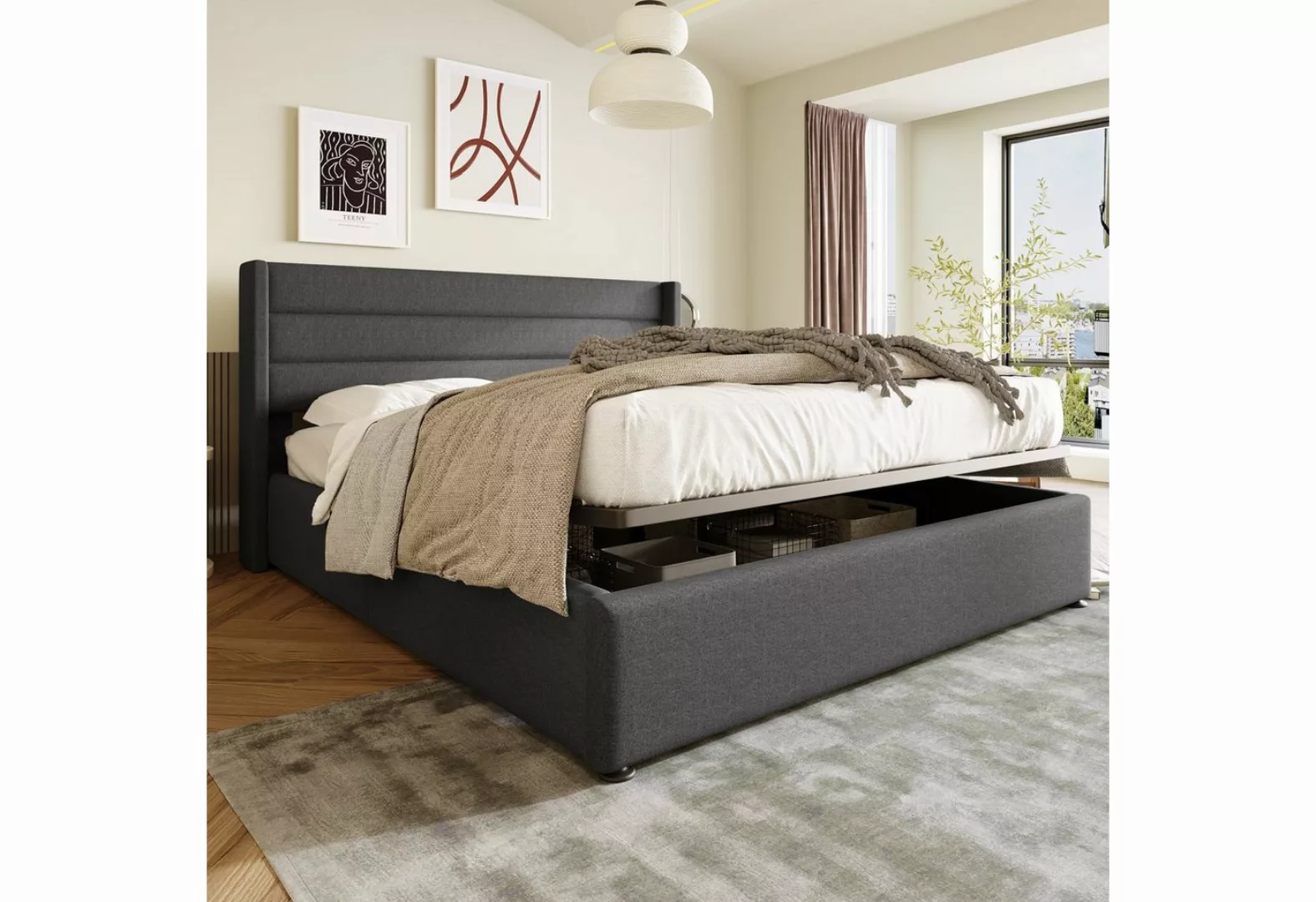 SOFTWEARY Polsterbett Doppelbett mit Lattenrost und Bettkasten (180x200 cm) günstig online kaufen