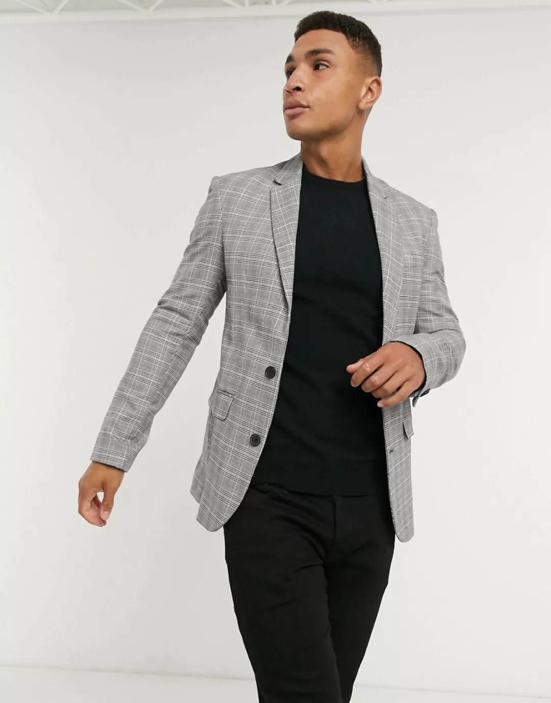 New Look – Enge Anzugjacke in Grau kariert günstig online kaufen