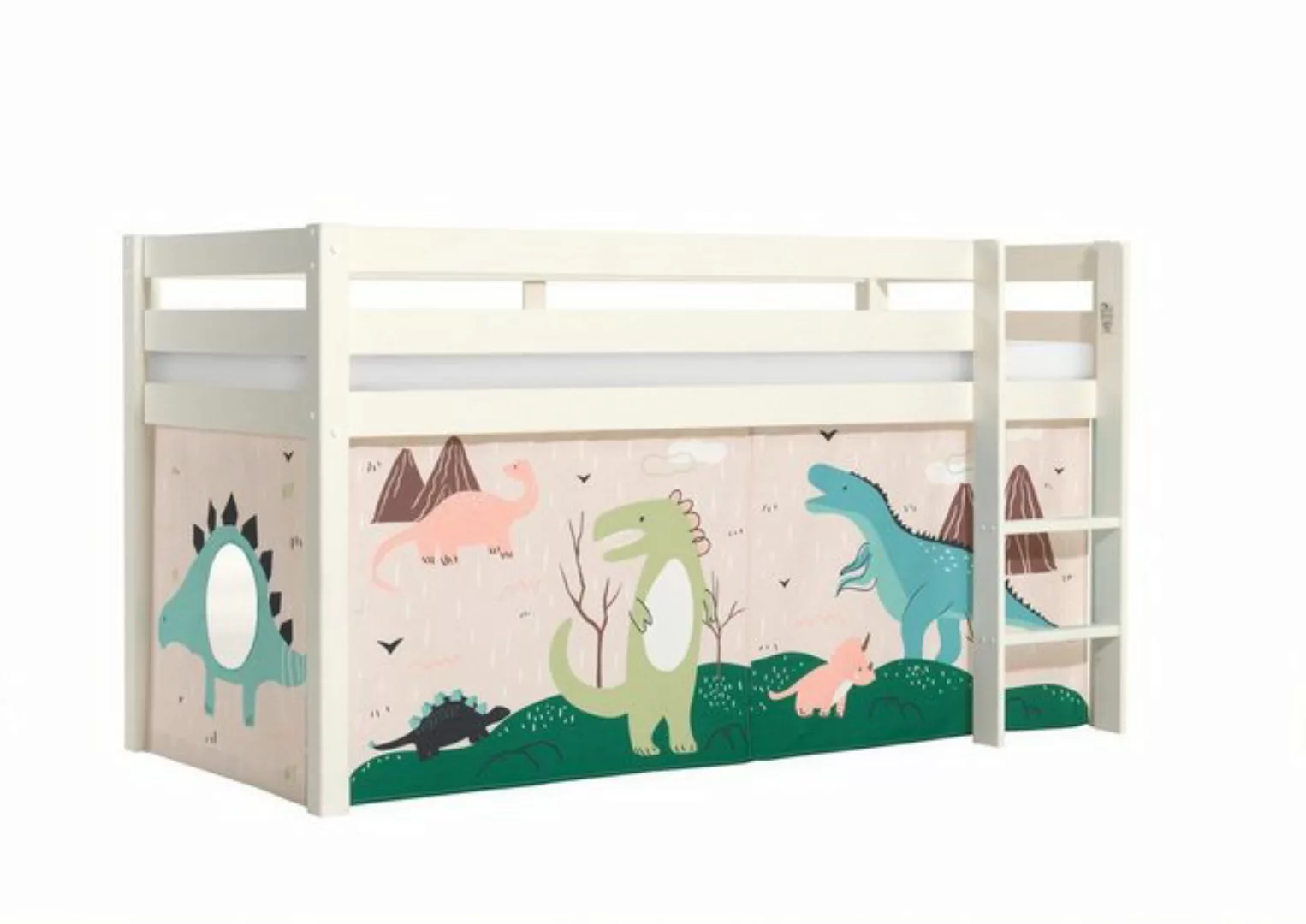 Natur24 Kinderbett Halbhohes Bett Pino mit Textilset Dino Kiefer Weiß lacki günstig online kaufen