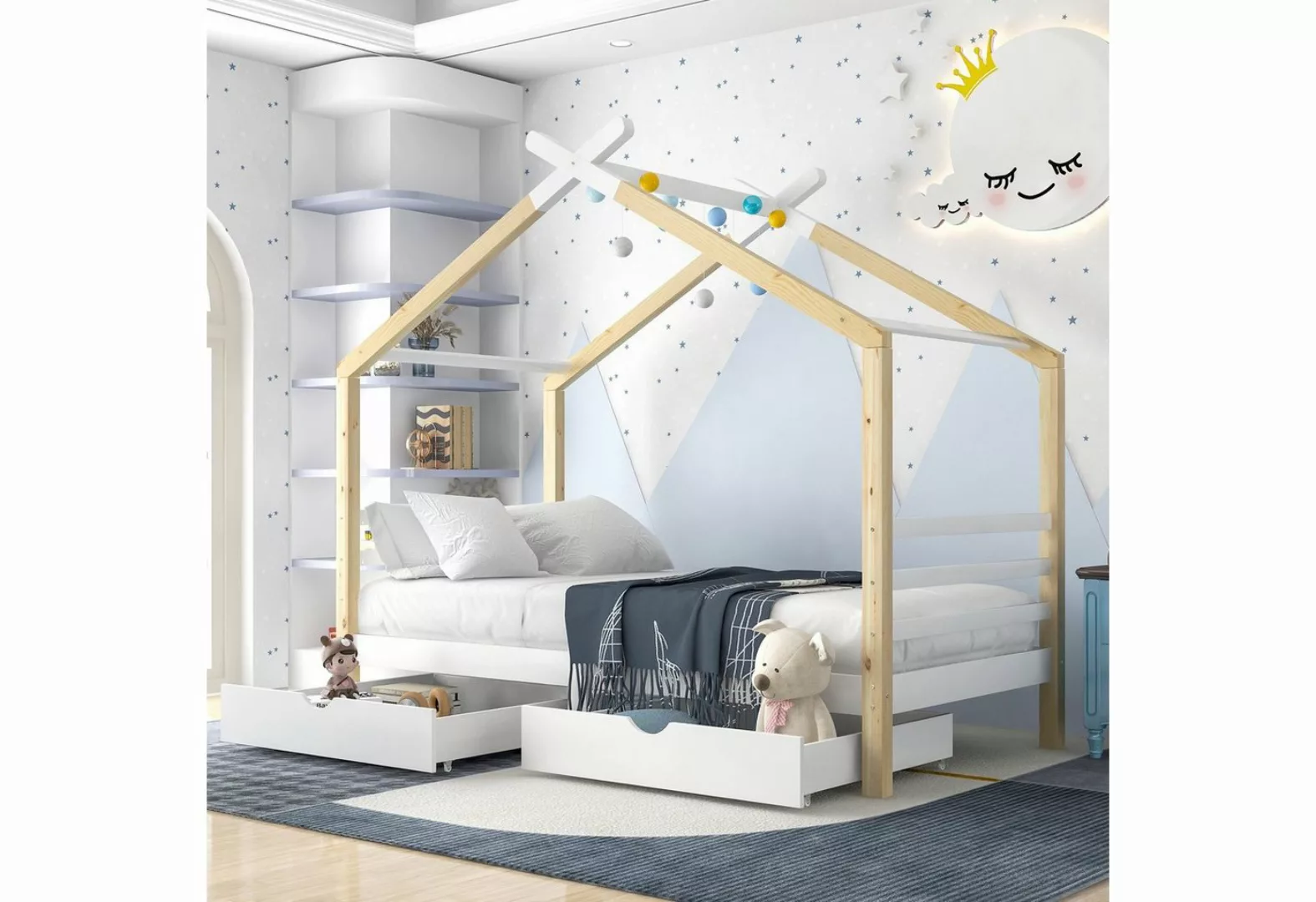 Sweiko Kinderbett (Hausbett mit 2 Schubladen und Lattenrost), Massivholzbet günstig online kaufen