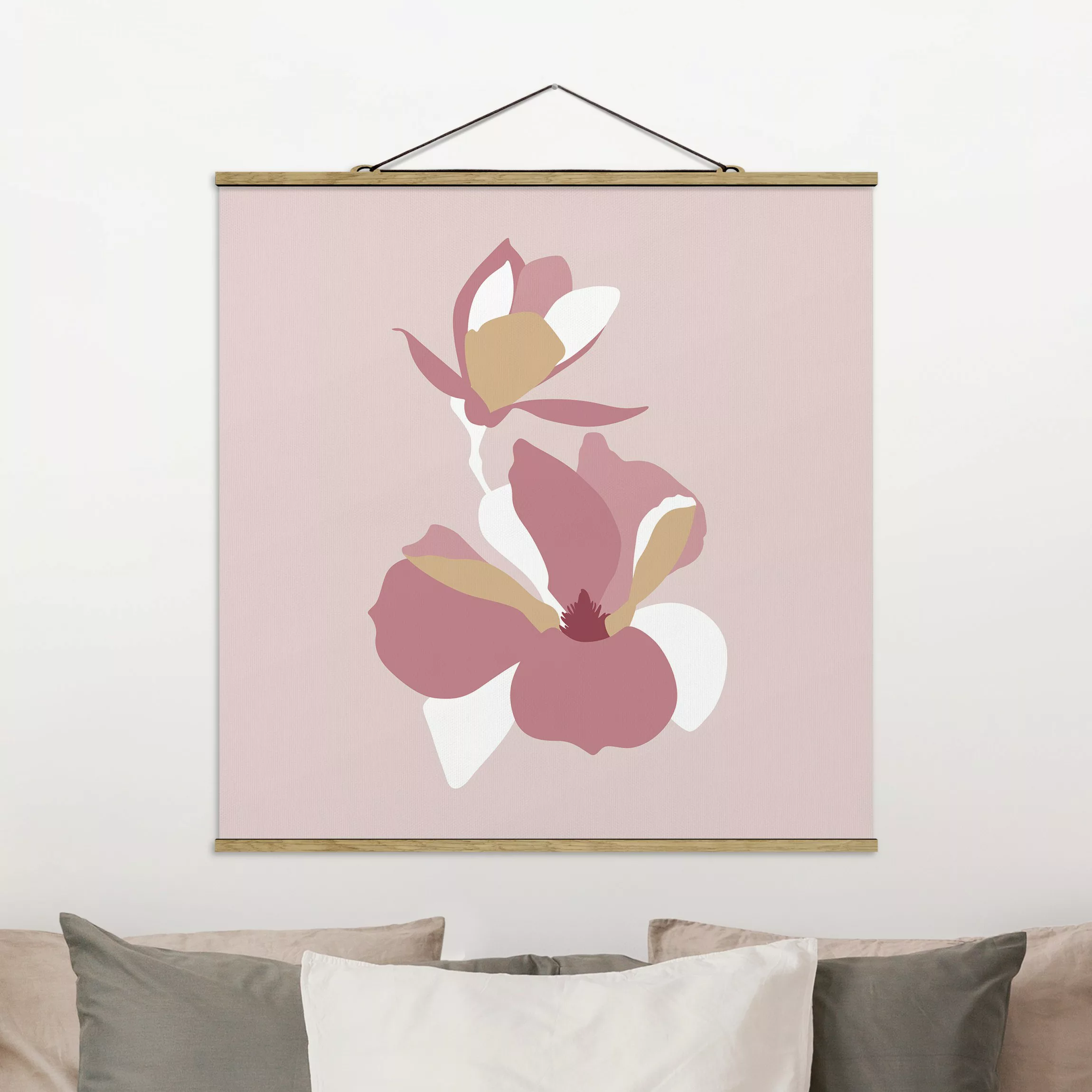 Stoffbild Blumen mit Posterleisten - Quadrat Line Art Blüten Pastell Rosa günstig online kaufen