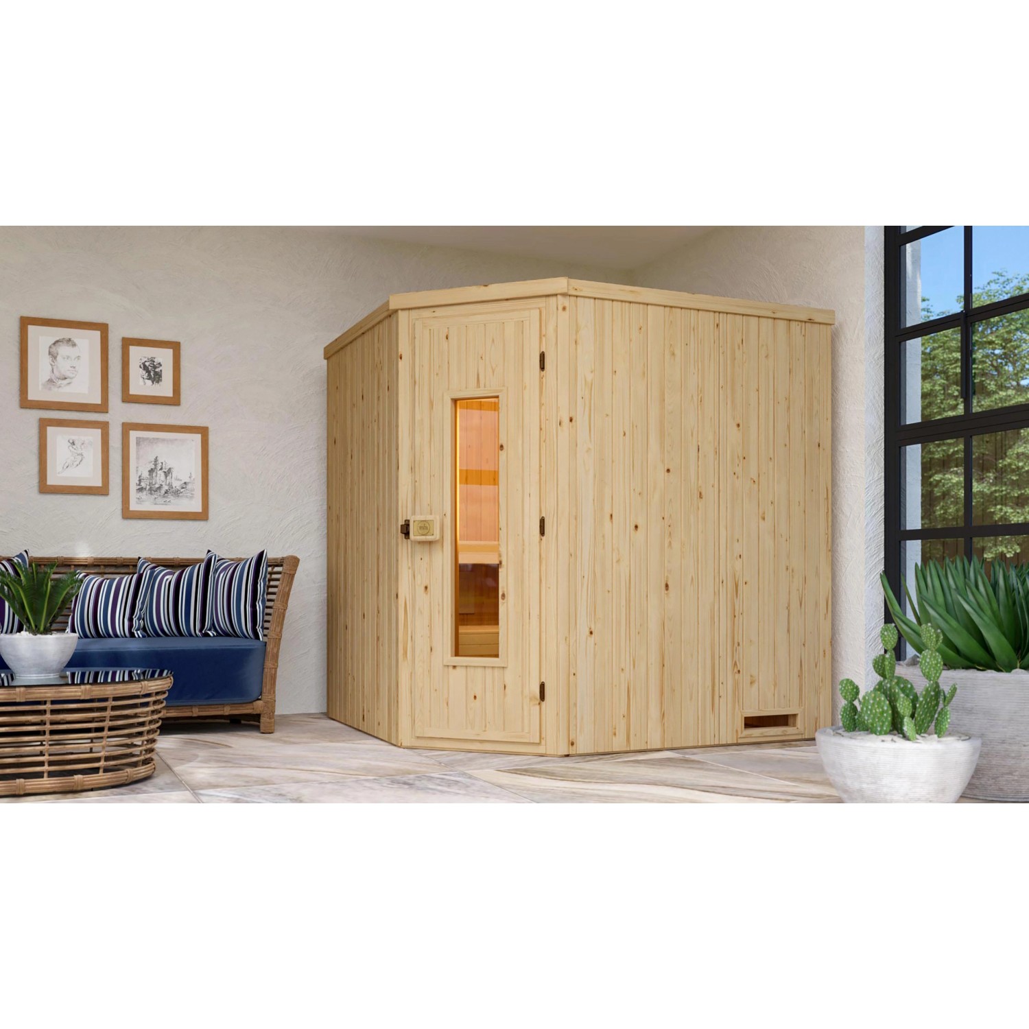 Weka Element-Ecksauna Varberg 2 Sparset 7,5 kW BioS Holztür günstig online kaufen