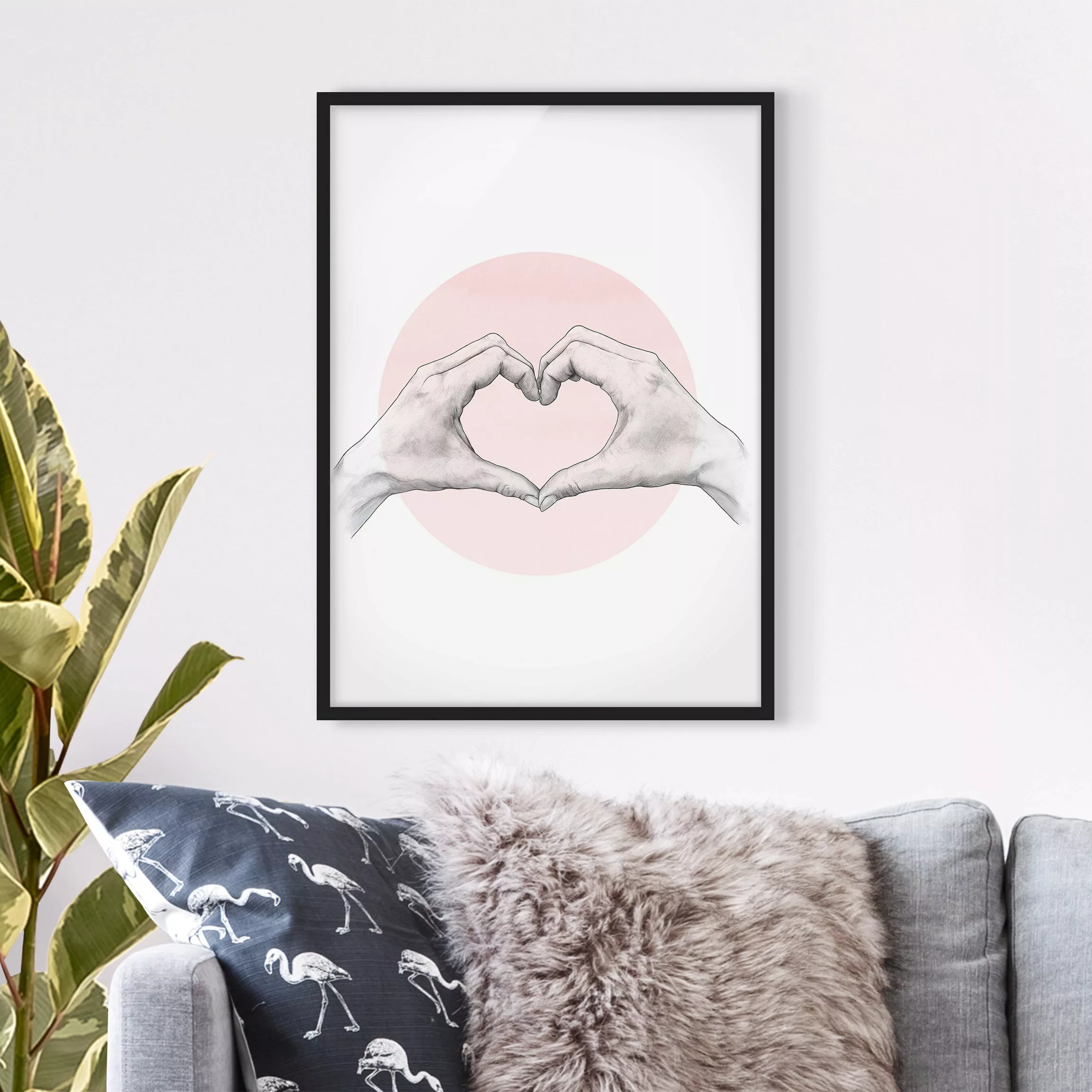 Bild mit Rahmen - Hochformat Illustration Herz Hände Kreis Rosa Weiß günstig online kaufen