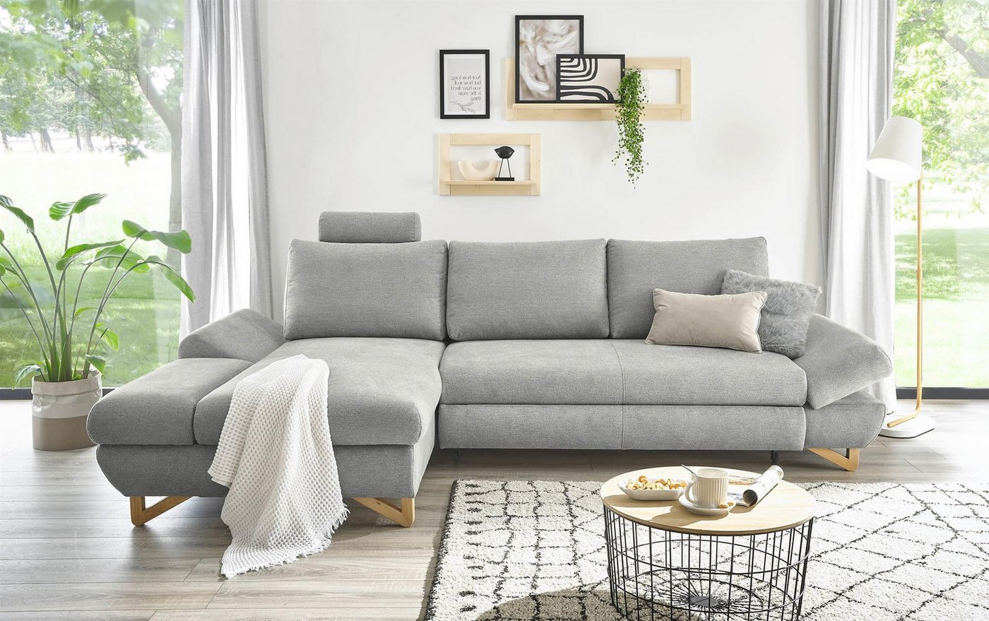 Design-Wohngalerie Sofa Ecksofa Halsta - Strukturstoff Silber, Recamiere li günstig online kaufen