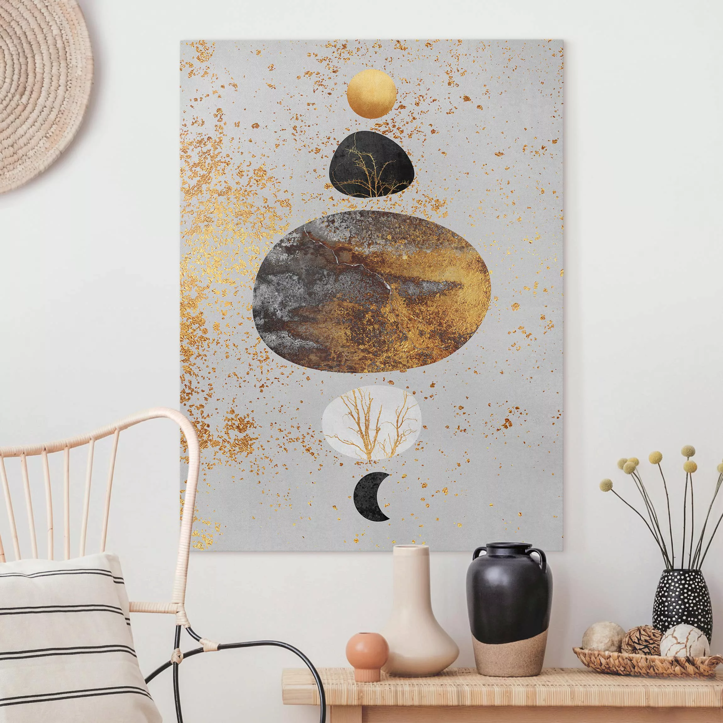 Leinwandbild Abstrakt - Hochformat Sonne und Mond in Goldglanz günstig online kaufen