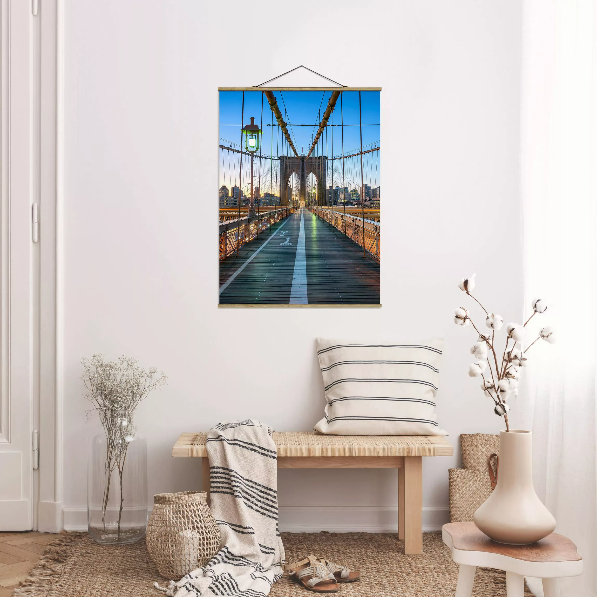 Stoffbild mit Posterleisten Morgenblick von der Brooklyn Bridge günstig online kaufen