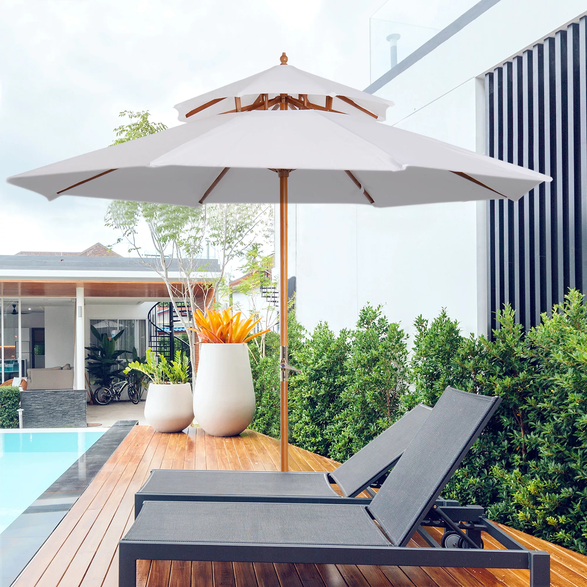 Outsunny Sonnenschirm  Holz Sonnenschirm, Gartenschirm mit Doppeldach, Balk günstig online kaufen