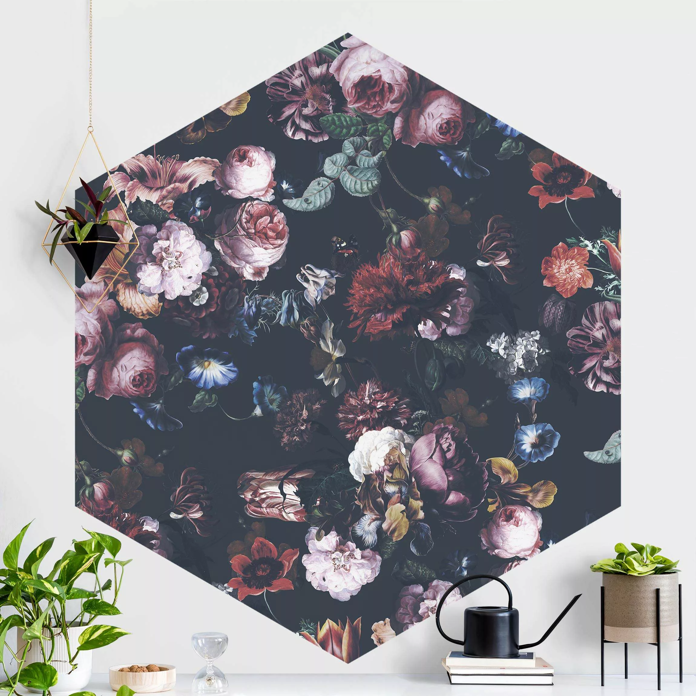 Hexagon Mustertapete selbstklebend Altmeisterliche Blüten mit Tulpen und Ro günstig online kaufen