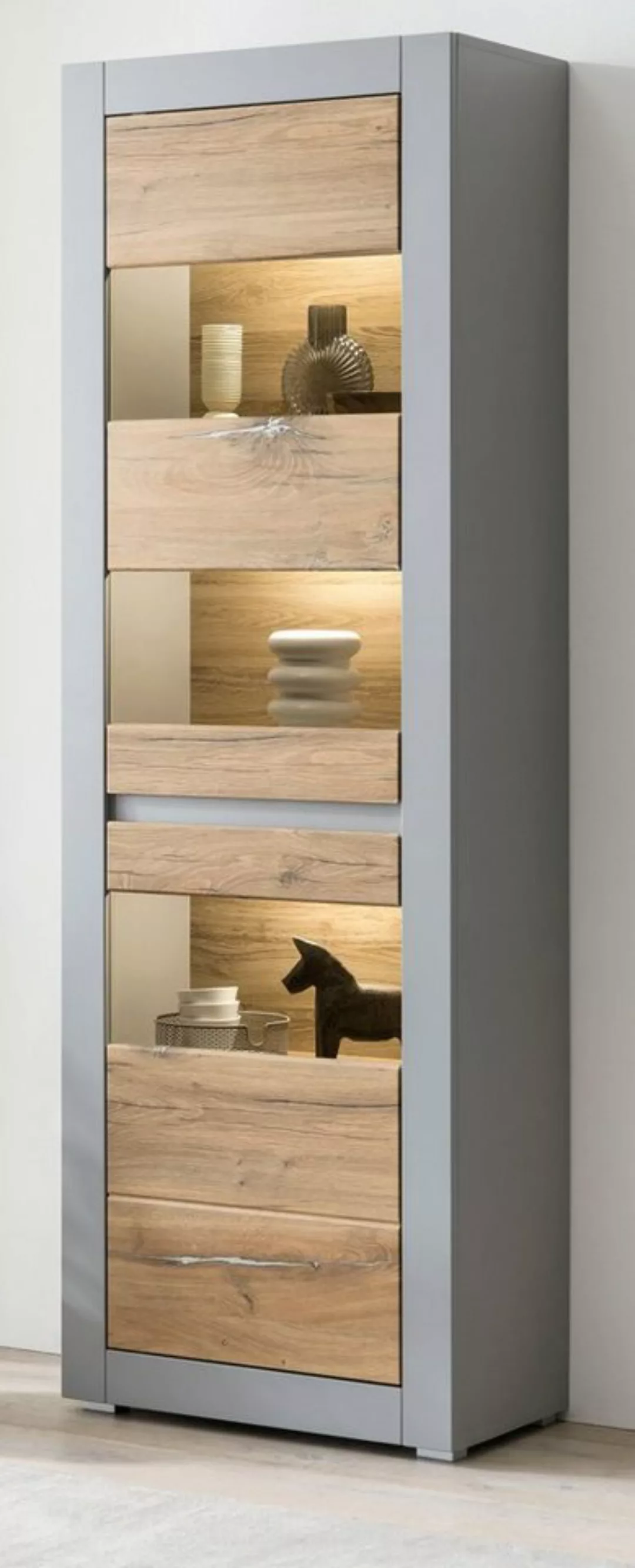 Furn.Design Standvitrine Tamaris (Vitrine in grau mit Eiche, 66 x 198 cm) 2 günstig online kaufen