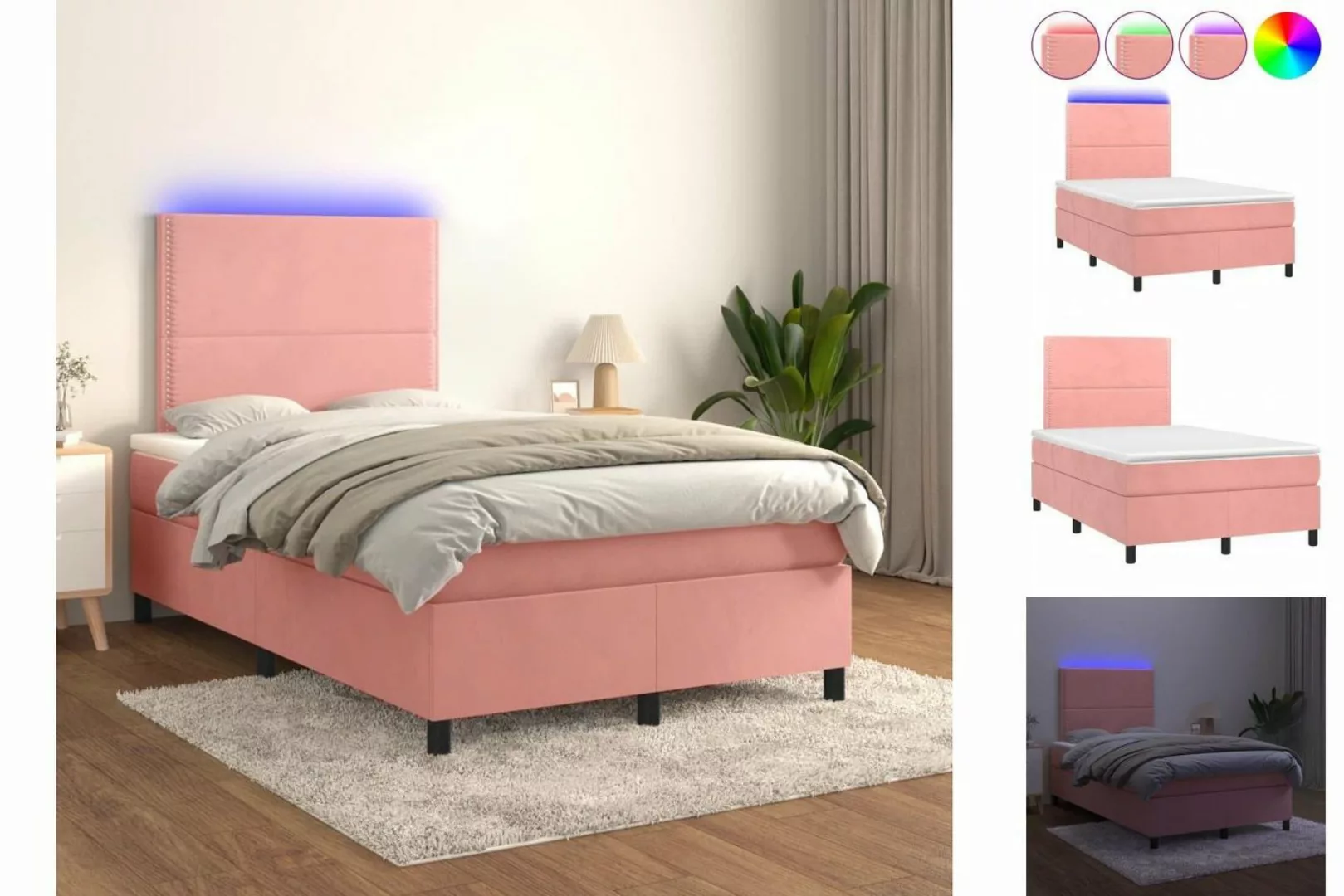 vidaXL Bettgestell Boxspringbett mit Matratze LED Rosa 120x200 cm Samt Bett günstig online kaufen