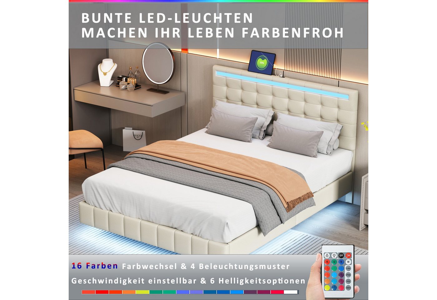 Nebelmeer Bettgestell Polsterbett, gepolstertes Float-Bettgestell mit LED-L günstig online kaufen