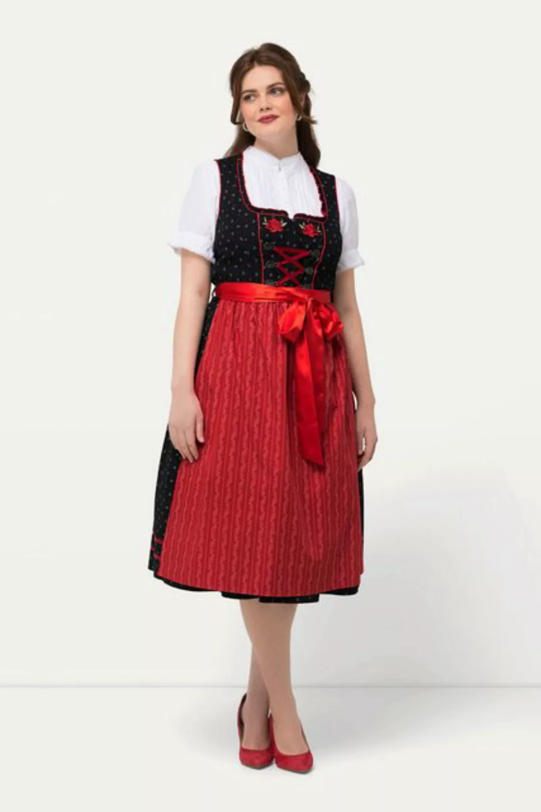 Ulla Popken Dirndl Dirndl Blütenstickerei Carree-Ausschnitt ärmellos günstig online kaufen