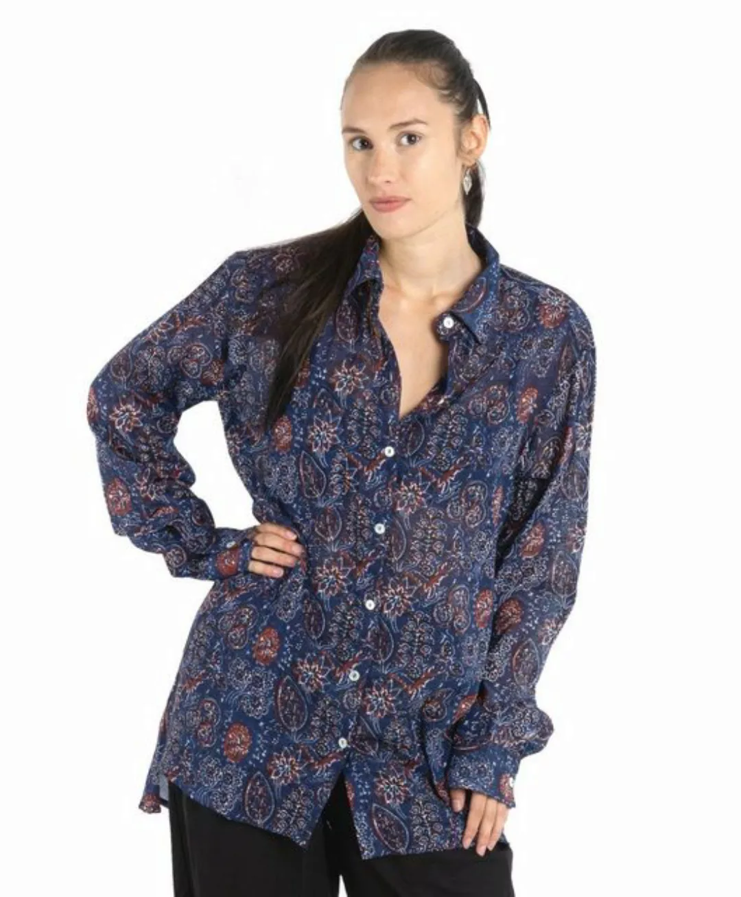 Guru-Shop Longbluse Handbedrucktes Boho Langarmhemd, luftiges.. alternative günstig online kaufen