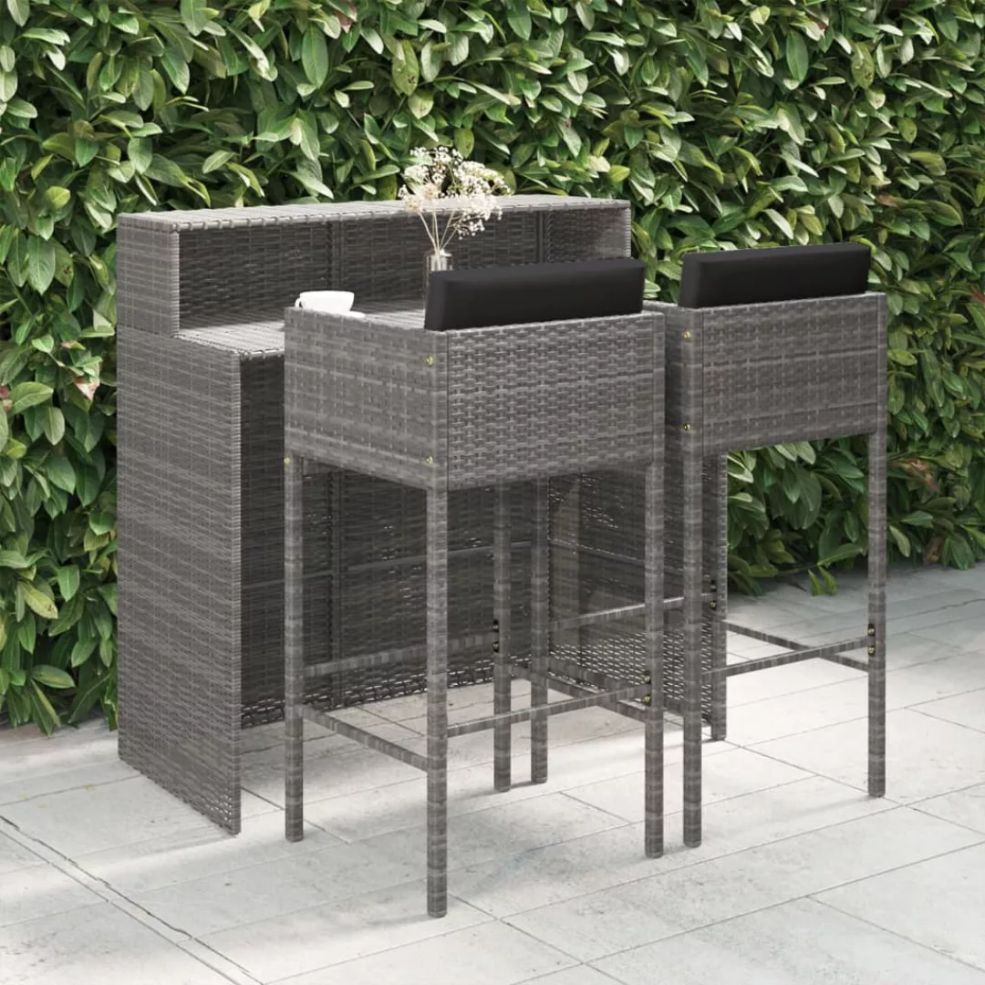 3-tlg. Gartenbar-set Mit Kissen Poly Rattan Grau günstig online kaufen