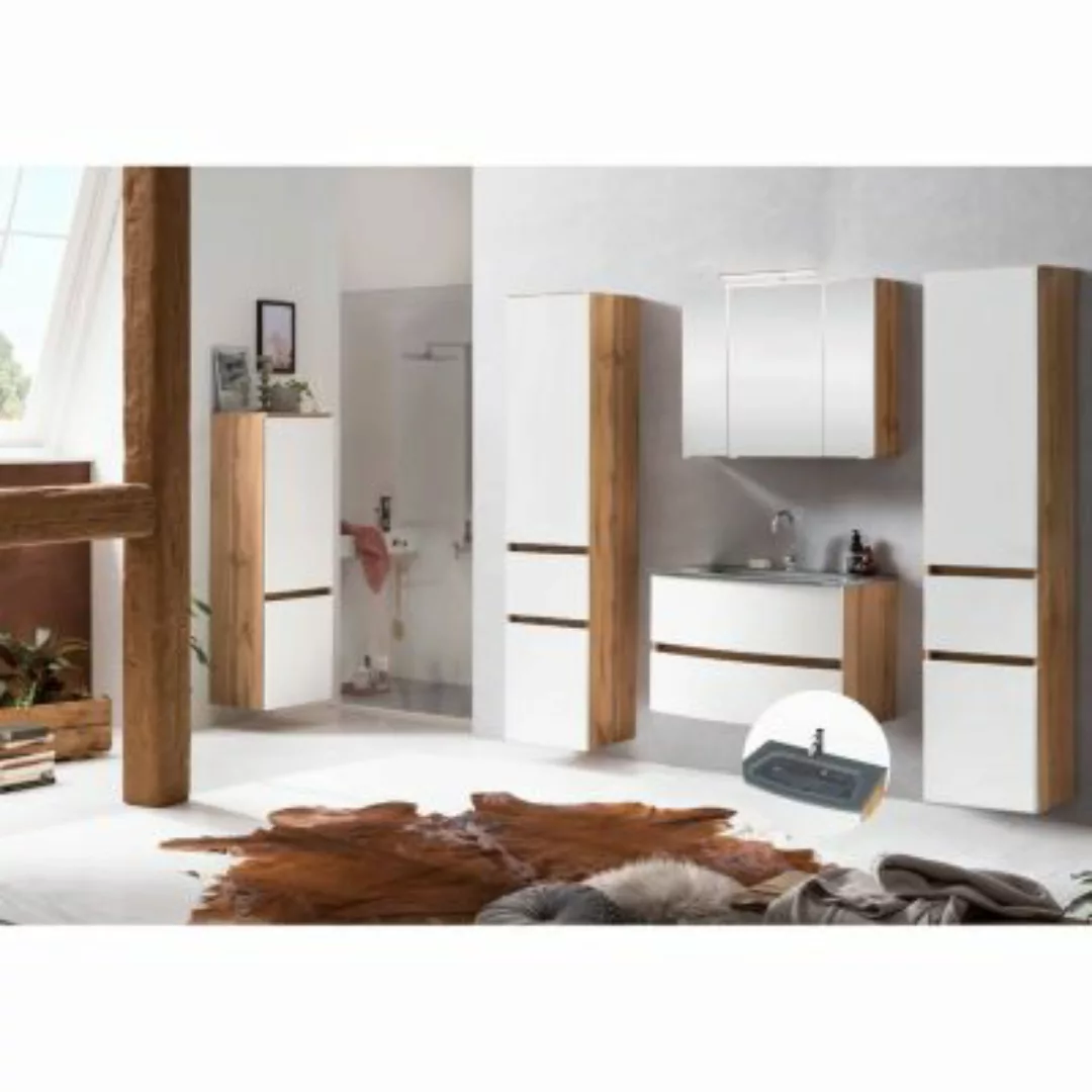 Lomadox Badezimmermöbel Set LAURIA-03 in Wotaneiche Nb. mit matt weiß, inkl günstig online kaufen