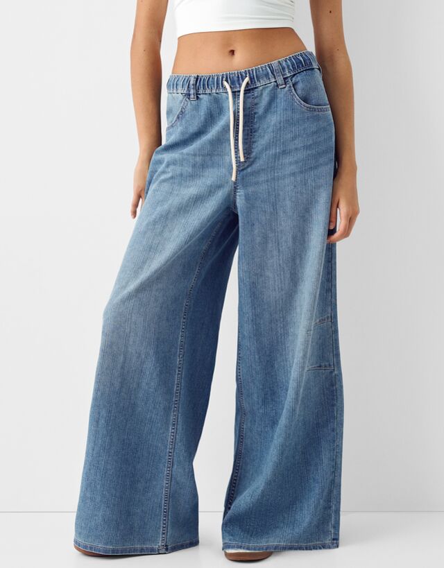 Bershka Wide-Leg-Jeans Im Jogginghosen-Stil Damen 34 Ausgewaschenes Blau günstig online kaufen