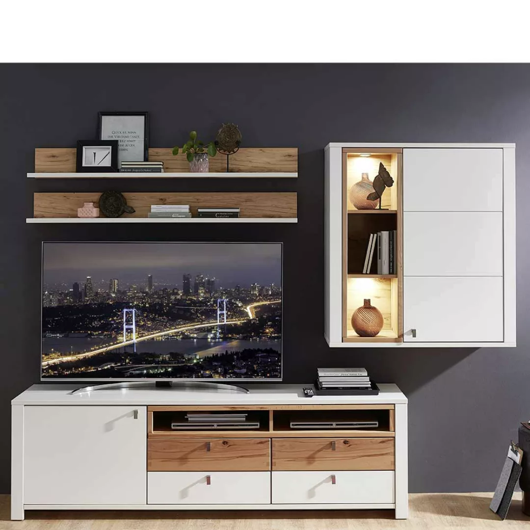 Wohnzimmer Schrankwand in Weiß und Wildbuche Optik LED Beleuchtung (viertei günstig online kaufen