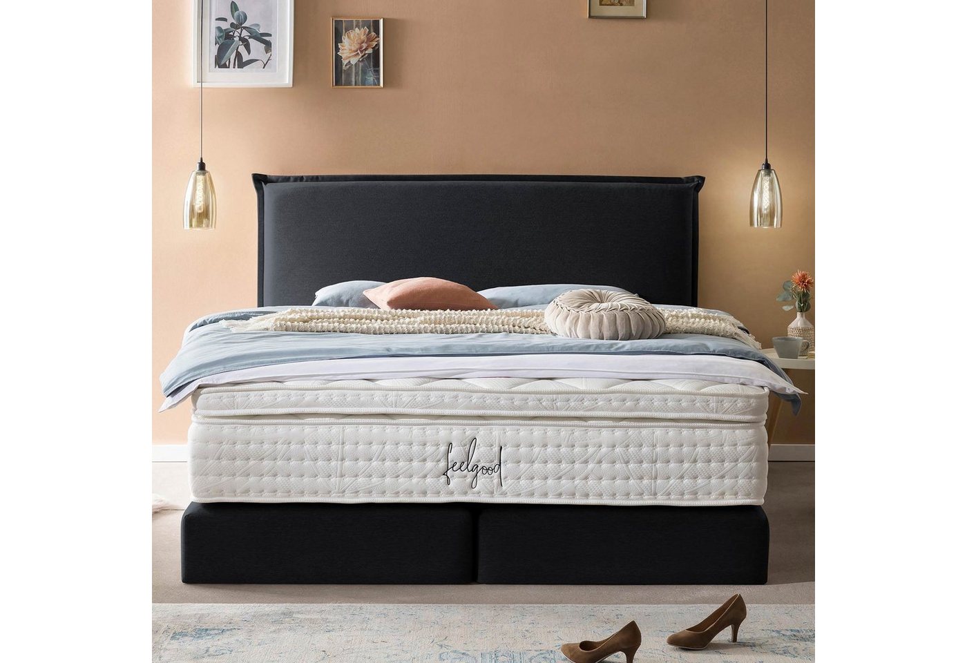 BettCo Boxspringbett London (in Schwarz Webstoff, 180 x 200 cm), Kopfteil m günstig online kaufen