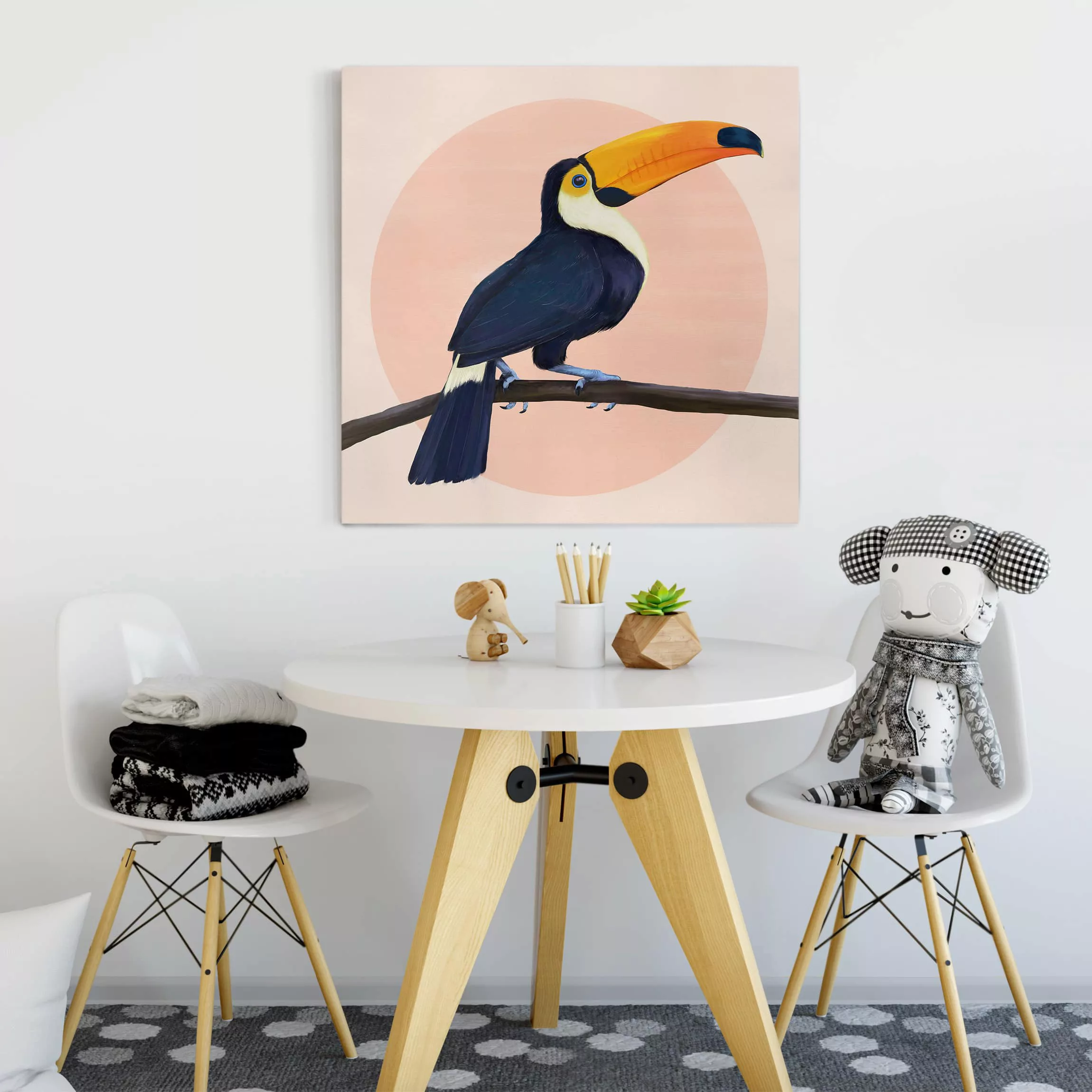 Leinwandbild Tiere - Quadrat Illustration Vogel Tukan Malerei Pastell günstig online kaufen