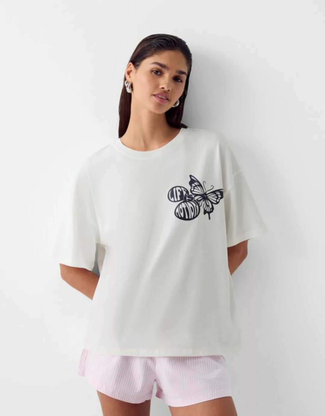 Bershka T-Shirt Mit Print Damen Xs Rohweiß günstig online kaufen