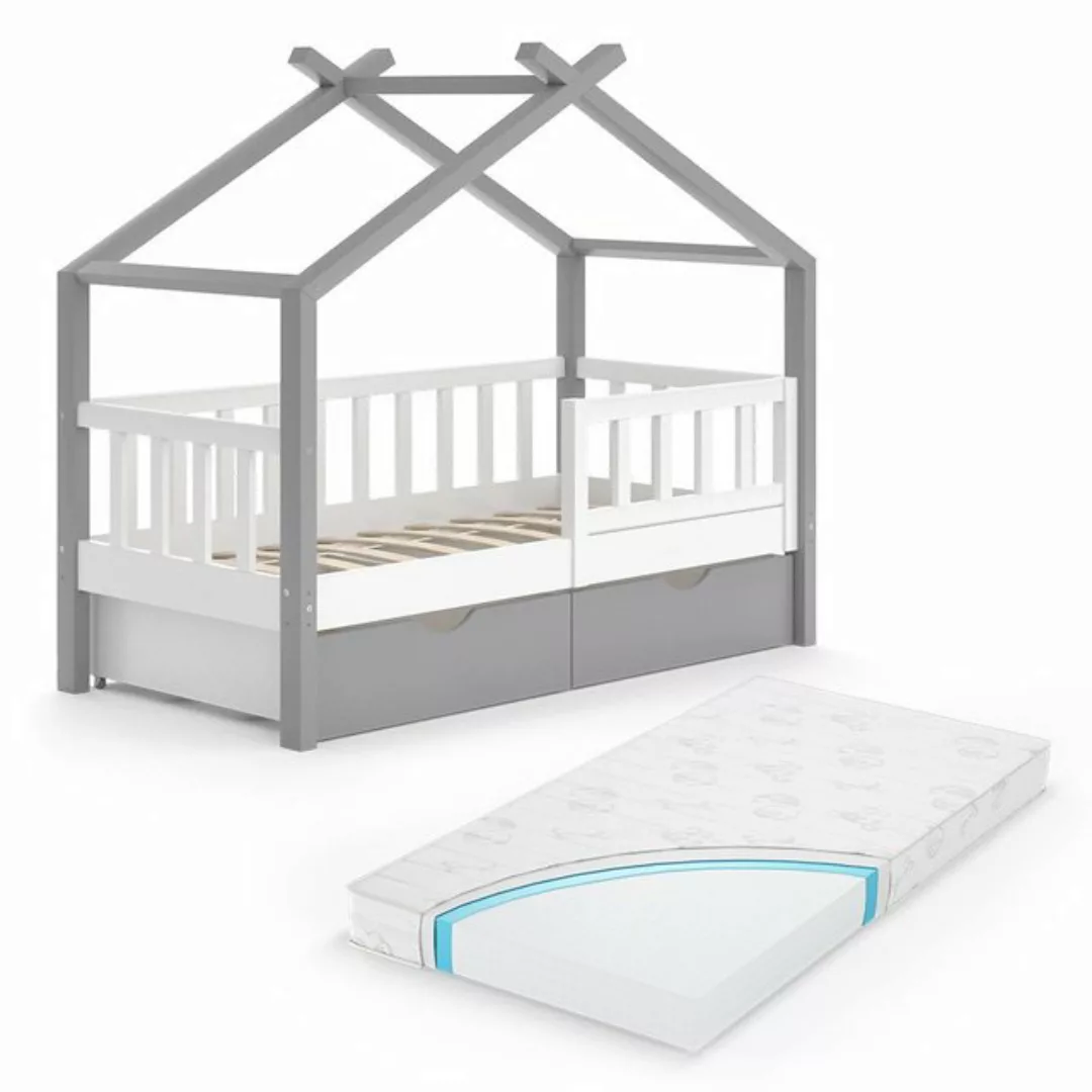 Vicco Kinderbett Hausbett Einzelbett 70x140cm DESIGN Grau Weiß Matratze günstig online kaufen