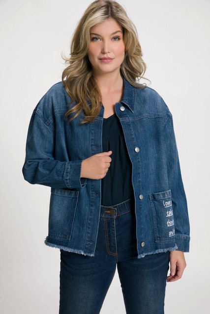 Ulla Popken Jackenblazer Jeansjacke Schriftdruck Oversized Fransen günstig online kaufen