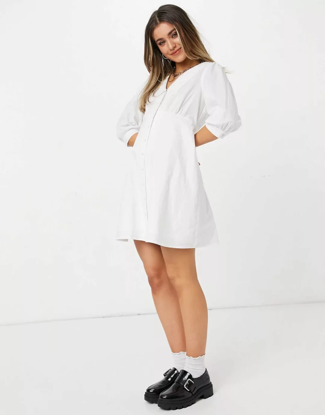 New Look – Durchgeknöpftes Popeline-Minikleid mit Kragen in Weiß günstig online kaufen