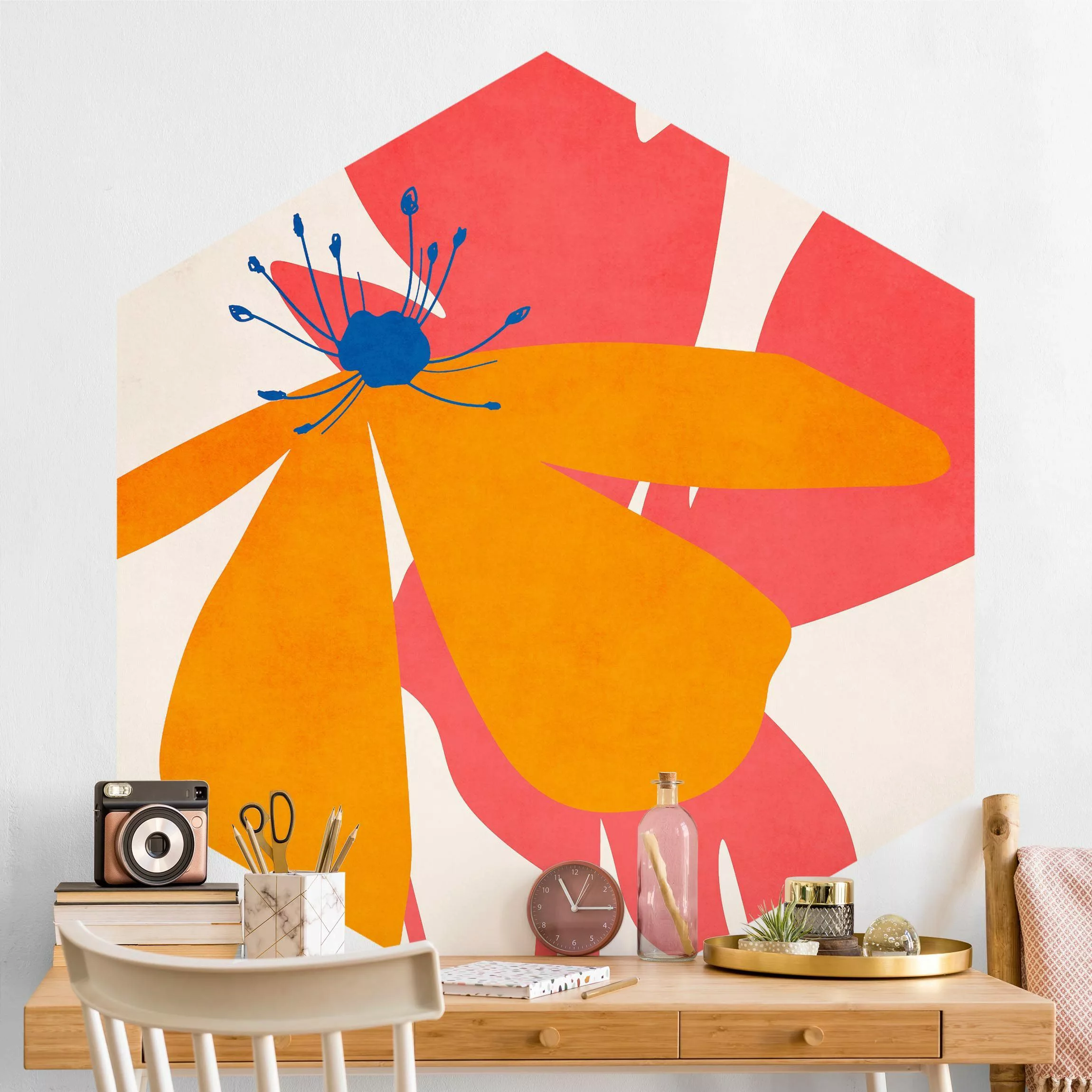 Hexagon Fototapete selbstklebend Florale Schönheit Rosa und Orange günstig online kaufen