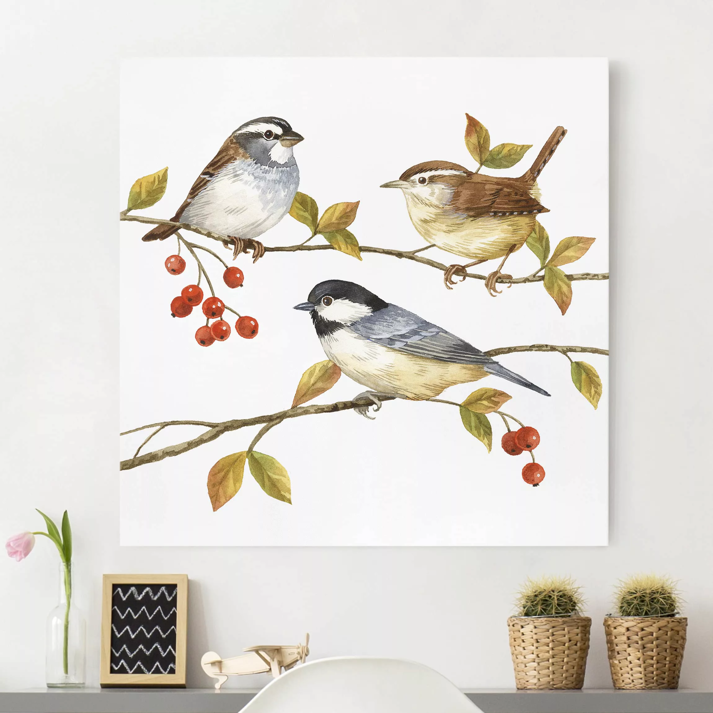 Leinwandbild Tiere - Quadrat Vögel und Beeren - Meisen günstig online kaufen