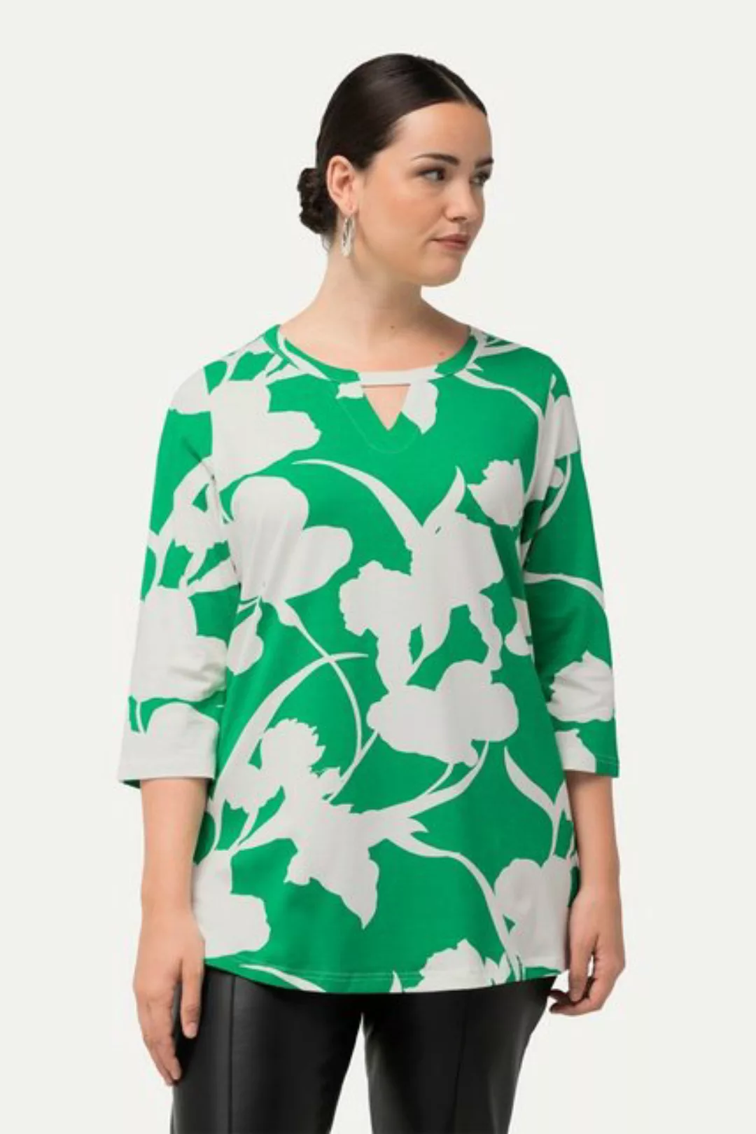 Ulla Popken Rundhalsshirt Shirt Blüten Rundhals Keyhole 3/4-Arm günstig online kaufen