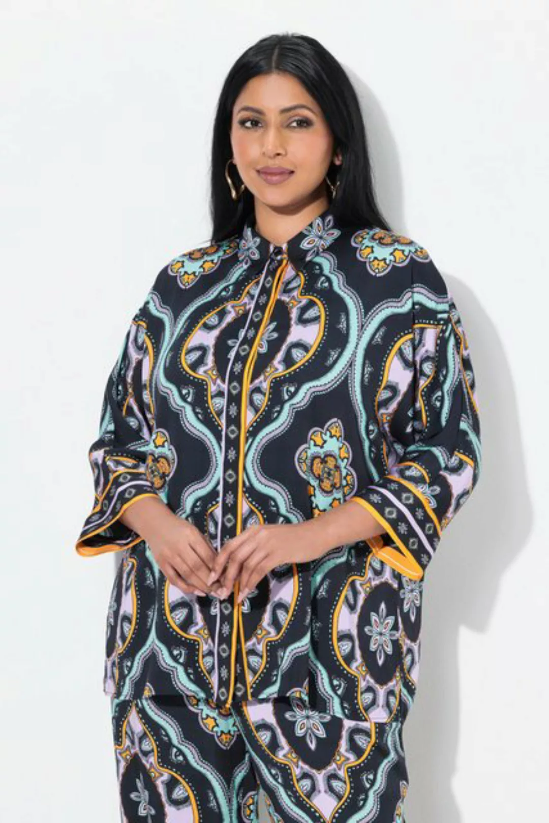 Ulla Popken Tunika Bluse Ornamente oversized Hemdkragen 3/4-Arm günstig online kaufen