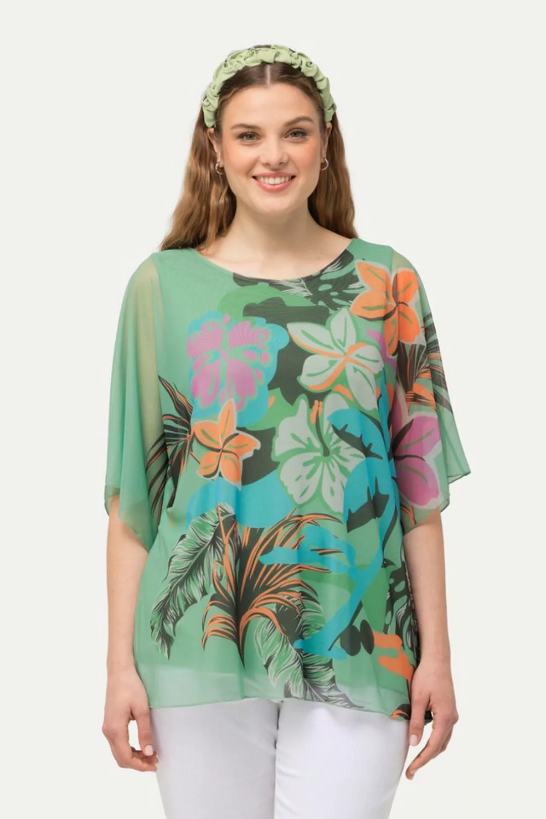 Ulla Popken Longbluse Bluse Blüten doppellagig Rundhals Halbarm günstig online kaufen