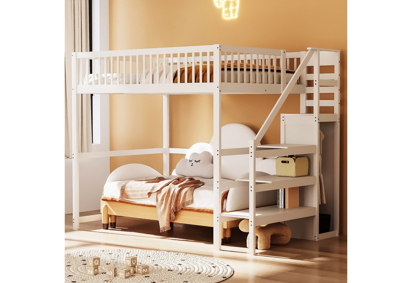 Flieks Hochbett Massivholz Kinderbett 140x200cm mit Treppe und Kleiderstang günstig online kaufen