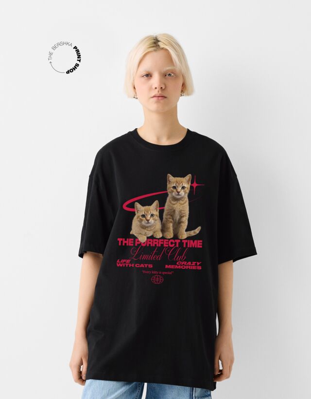 Bershka T-Shirt Mit Print Damen M Schwarz günstig online kaufen