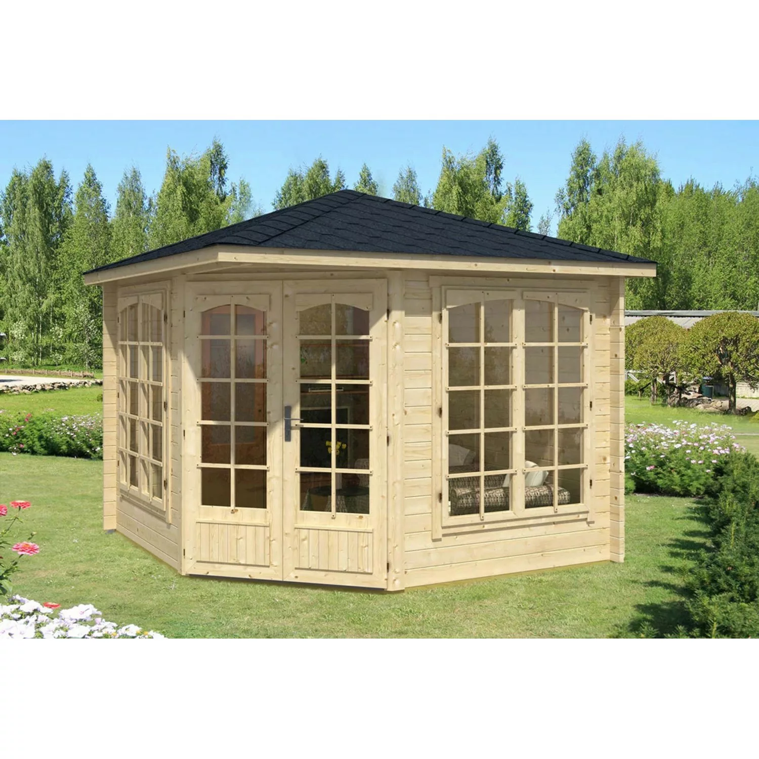 Alpholz Gartenhaus Josephine-40 Spitzdach 325 cm x 325 cm Hellbraun günstig online kaufen