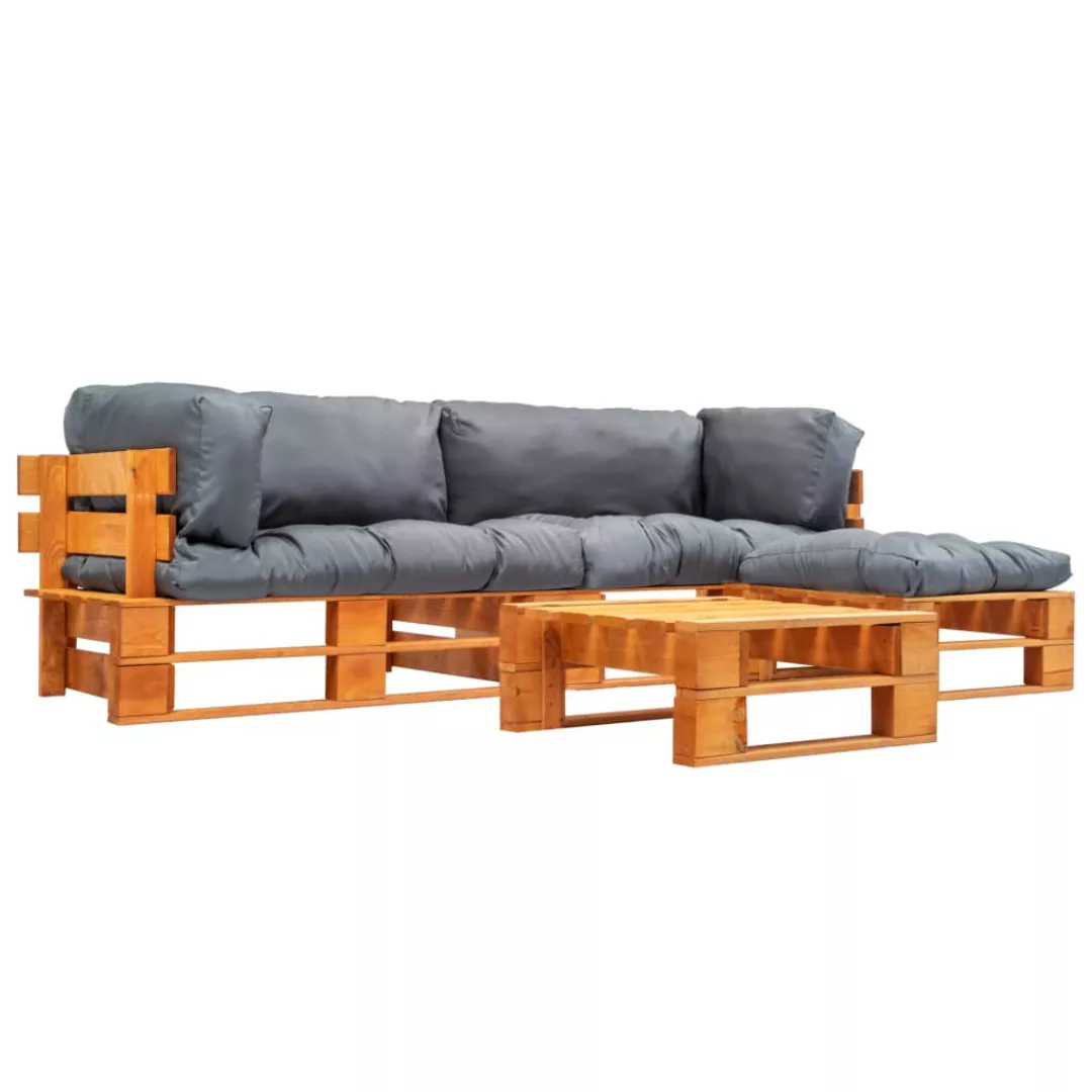 4-tlg. Garten-paletten-sofagarnitur Mit Grauen Kissen Holz günstig online kaufen
