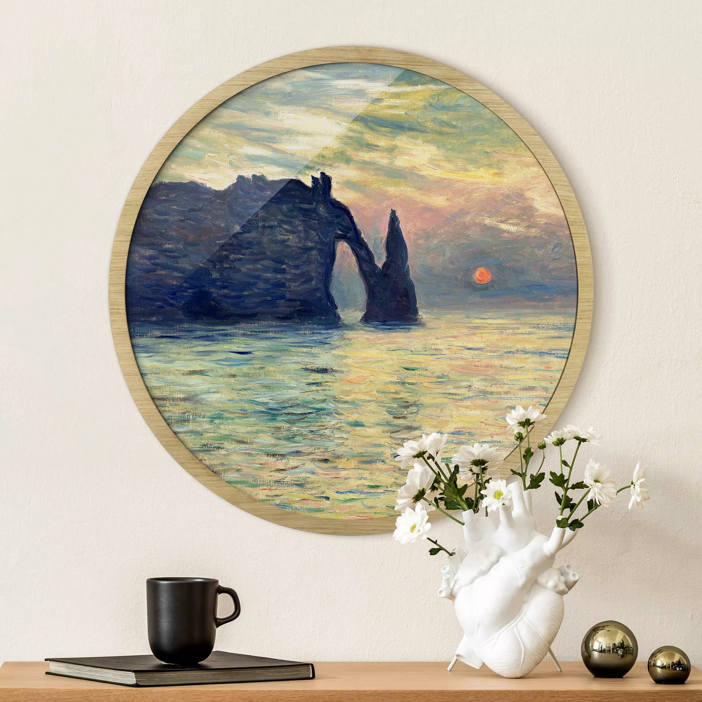 Rundes Gerahmtes Bild Claude Monet - Felsen Sonnenuntergang günstig online kaufen