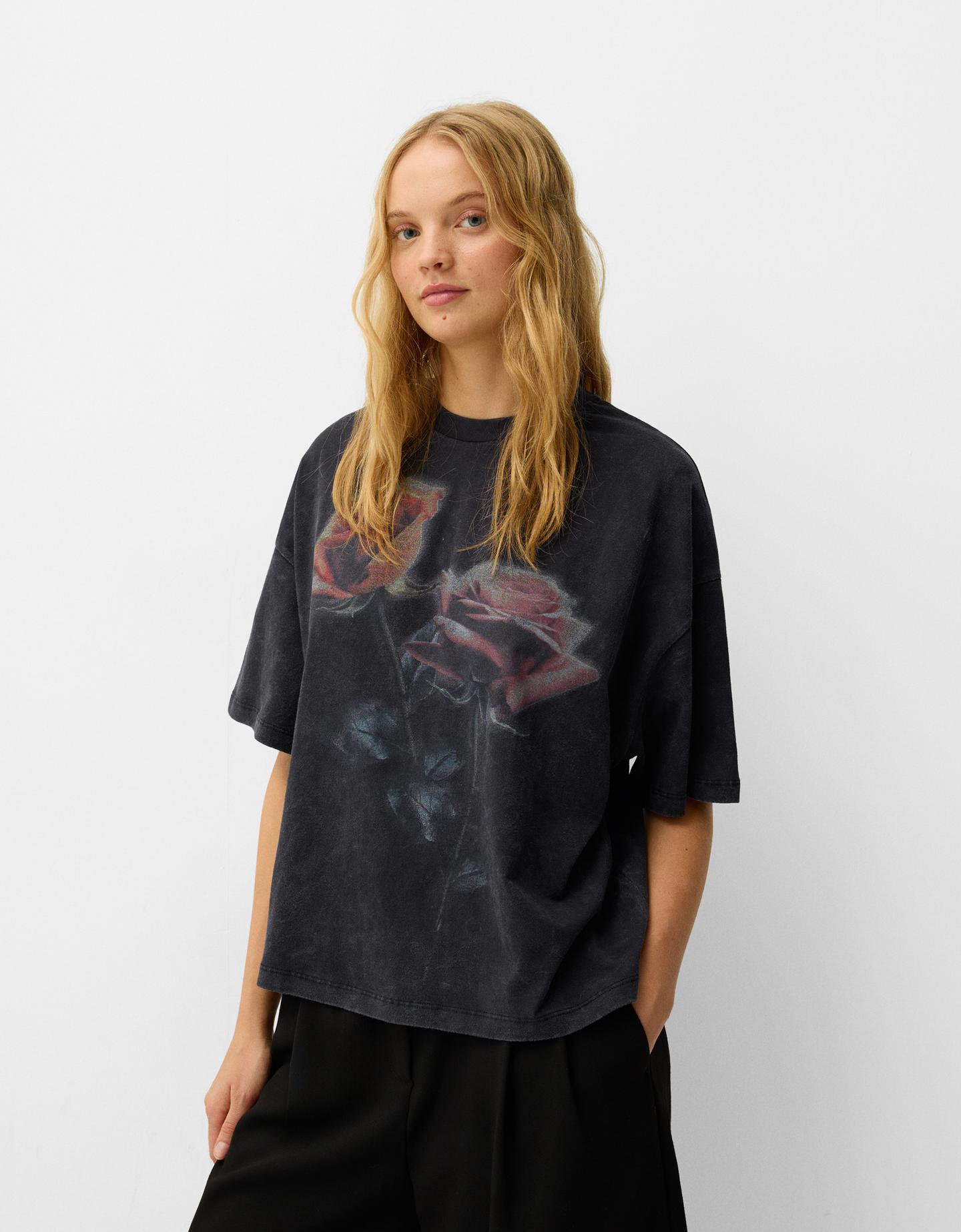 Bershka Oversize-T-Shirt Mit Print Damen Xs Grau günstig online kaufen