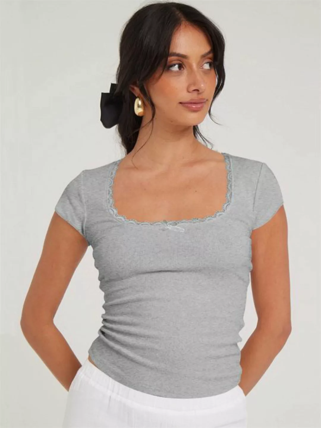 RUZU UG T-Shirt Sexy Spitzen-Kurzarm-T-Shirt für Damen mit U-Ausschnitt (1- günstig online kaufen