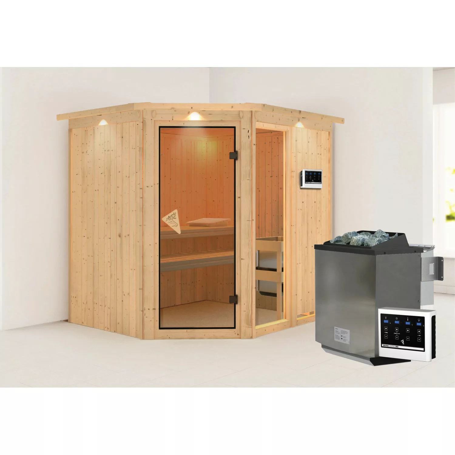 Karibu Sauna Freyja 2 mit Bio-Ofen externe Stg.LED-Dachkranz Natur günstig online kaufen