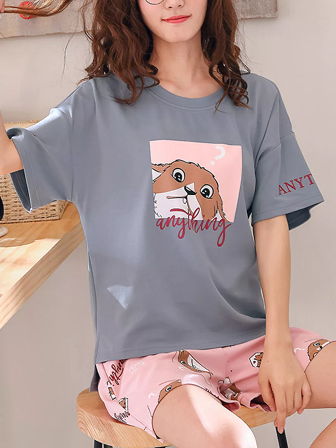 Damen Niedlicher Pyjama Set Zweiteiler Cartoon Animal Print Nachtwäsche günstig online kaufen