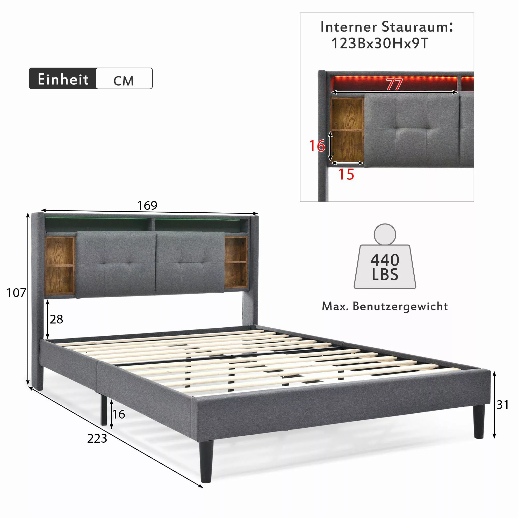 Ulife Polsterbett Doppelbett mit LED-Beleuchtung (Packung), günstig online kaufen