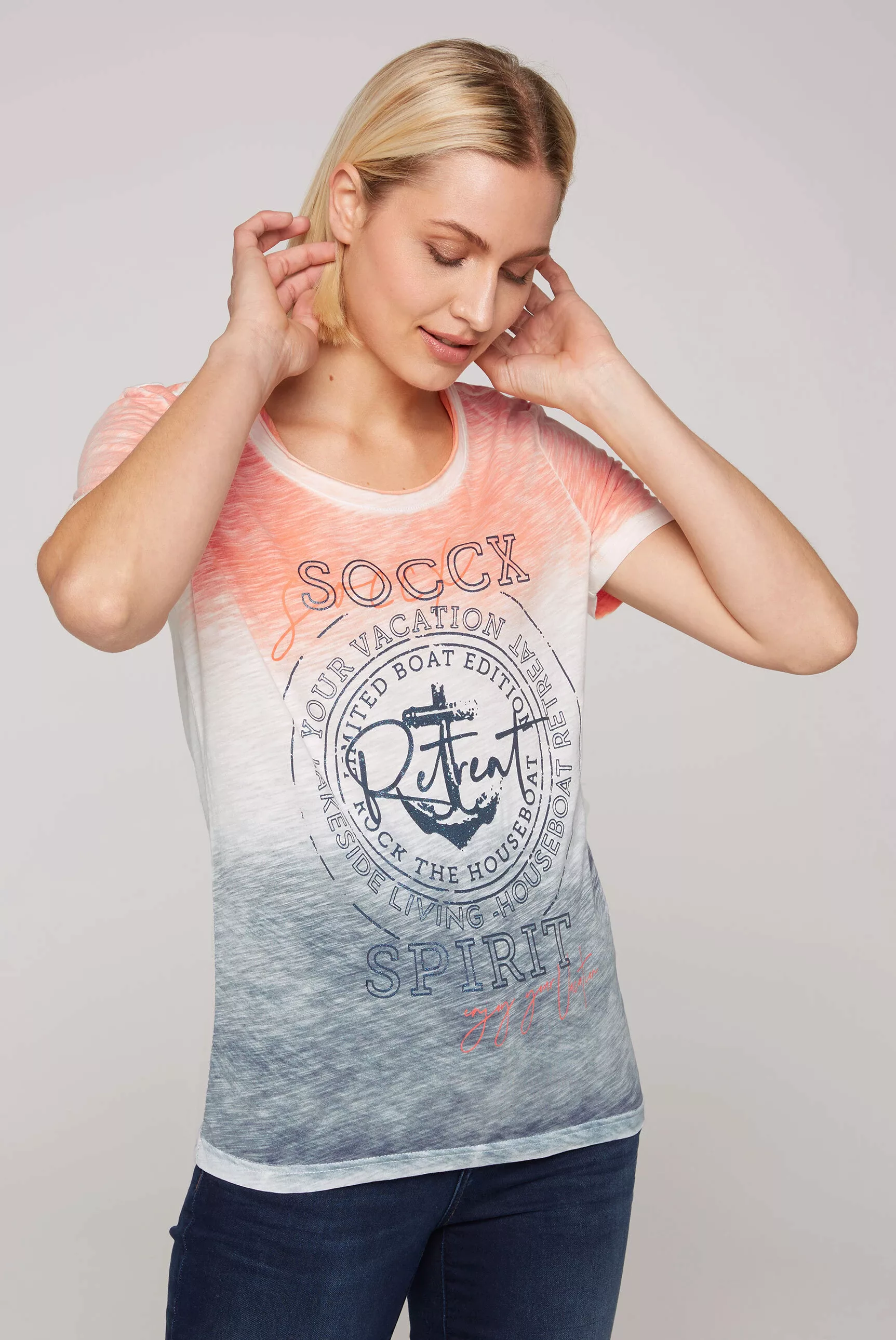 SOCCX Rundhalsshirt, mit offener Kante am Ausschnitt günstig online kaufen