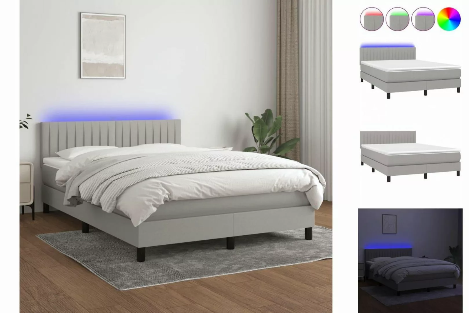 vidaXL Bettgestell Boxspringbett mit Matratze LED Hellgrau 140x200 cm Stoff günstig online kaufen