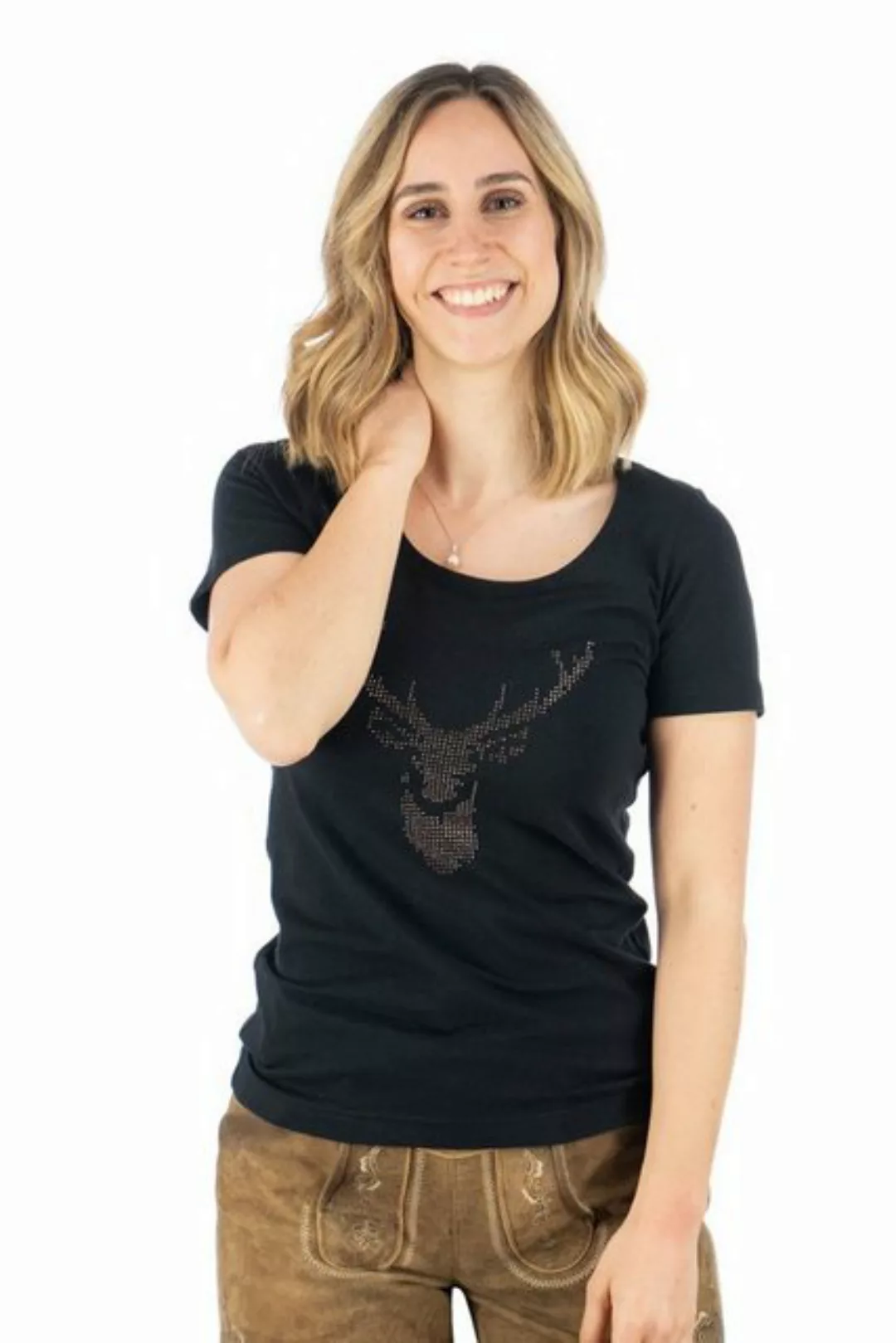 OS-Trachten Trachtenshirt Uginoy Kurzarm T-Shirt mit Strass-Hirsch auf der günstig online kaufen