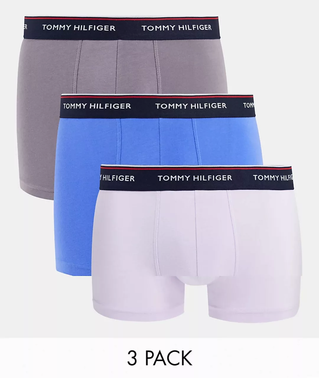 Tommy Hilfiger – 3er-Pack Unterhosen mit Logobund in Blau/Grau/Creme-Mehrfa günstig online kaufen