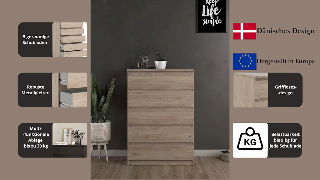 INOSIGN Kommode "Naia, Aufbewahrung, 5 Schubladen, Hochglanz-Optik, grifflo günstig online kaufen